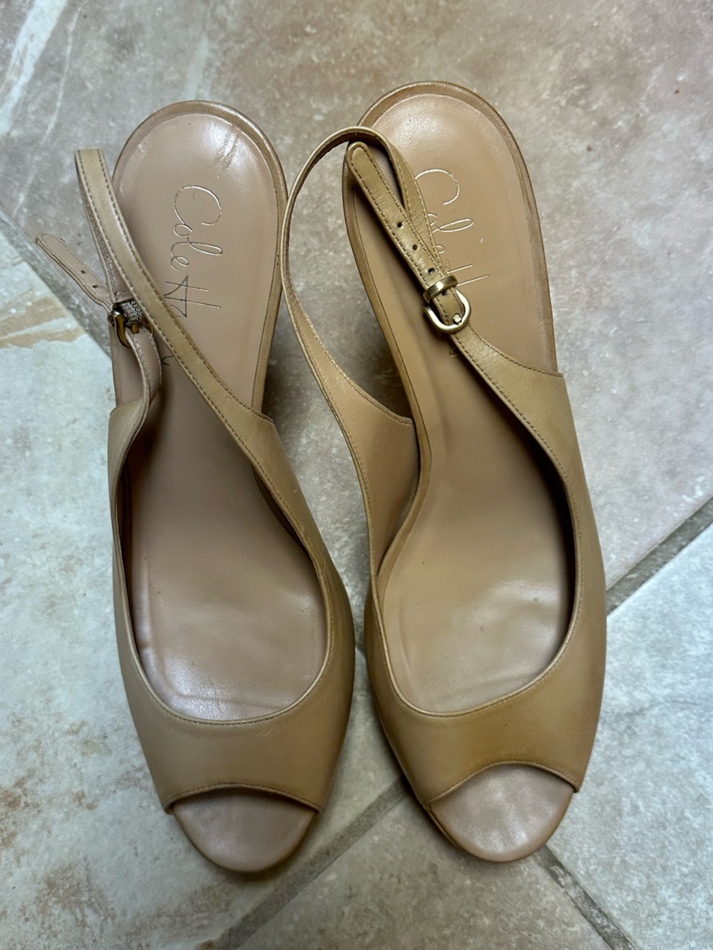 Cole Haan Nude/Tan Peep-Toe Slingback Heels